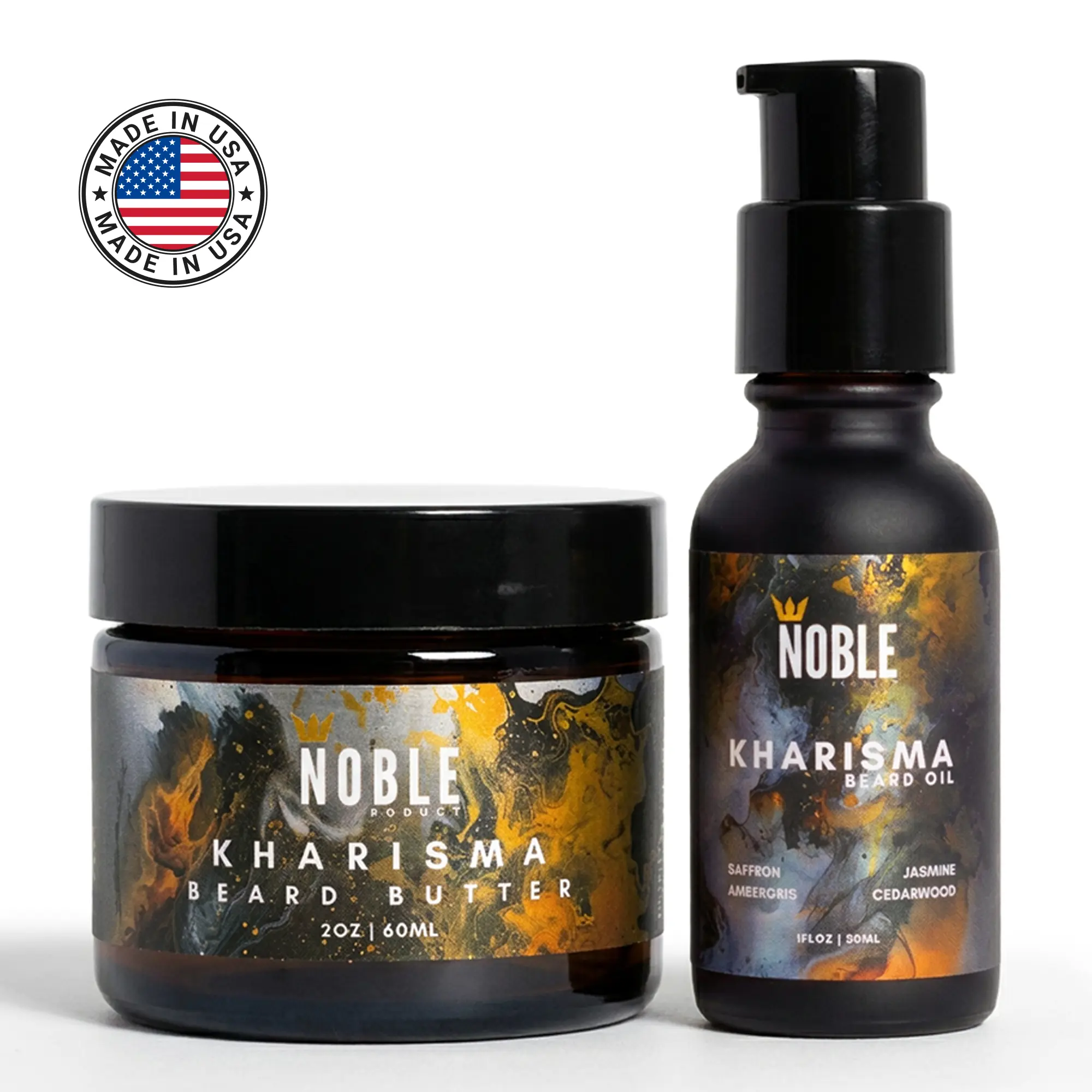 Men's Noble Kharisma Beard Oil & Butter Set, Saffron & Cedar Beard Hair Care, 1 oz Oil + 2 oz Butter
