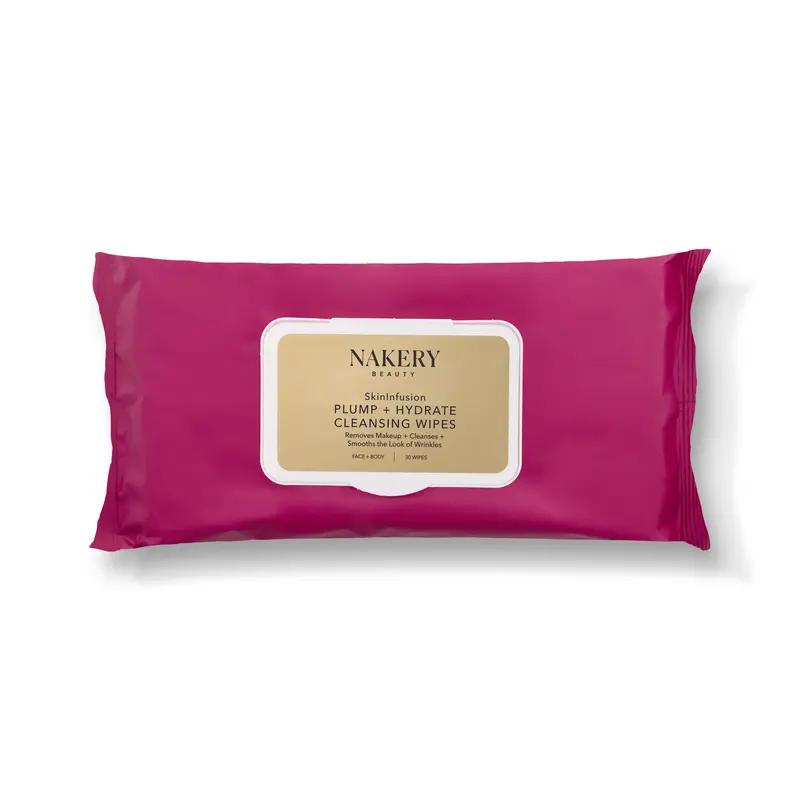 Nakery SkinInfusion Plump + Hydrate Cleansing Wet Wipes - Sensitive Wipes Face Makeup Remover, Cleanser with Hydrating Serum for Gentle Exfoliation
