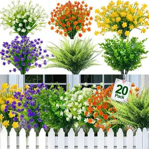 20 Bouquets Outdoor Artificial Flowers, UV Resistant Fake Plants, Spring Grass Camellia Ferns Eucalyptus, Garden Porch Indoor Cemetery Decor