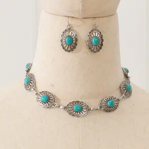 European and American Bohemian Western Style Three-piece Set of Women's Retro Fashion Turquoise Necklace and Earrings