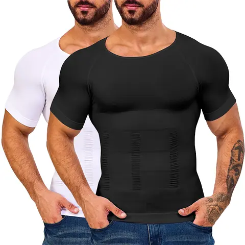 CATTIBOR Menswear 1/2/3/4 Pack Men's Shaping Round Neck Short Sleeve Shirts, Fitness Exercise GYM Body Shaper Tanks Tops, Back to School Outfits