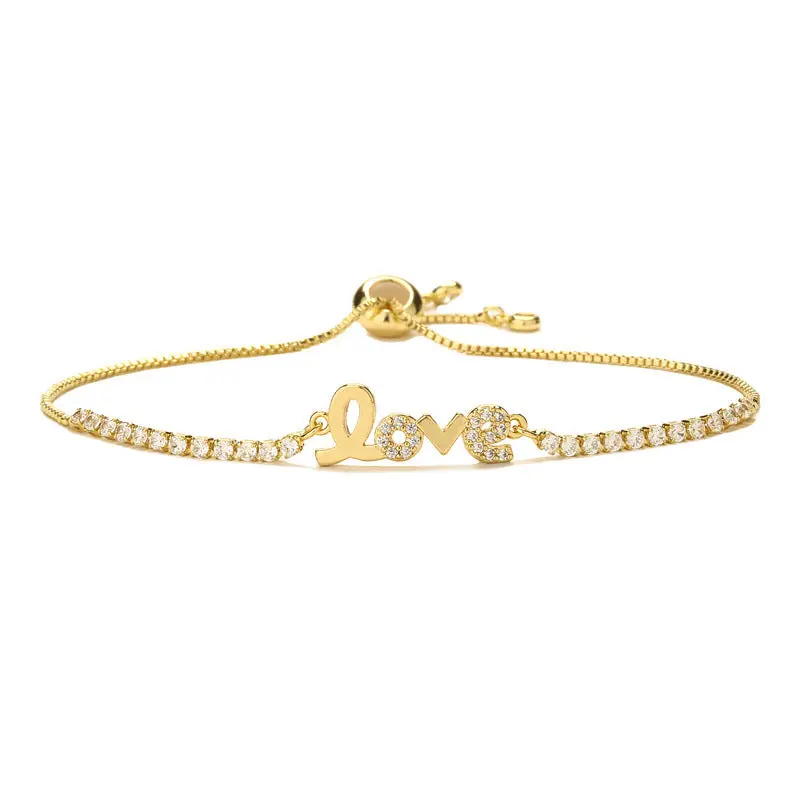 Sparkling Premium Cubic Zirconia LOVE Script Nameplate word Bracelet Tarnish Resistant Base Skin Safe Hypoallergenic Adjustable Pull String Comfort Fit Evening Wear Gift, Letter, Daily, Elegant, Female, Combined Setting, Tennis Chain, Personalized Gifts,,