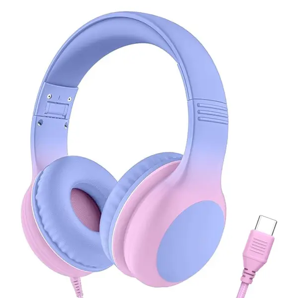 Wired Kids Headphones with USB-C Plug, 85dB Safe Volume Limit, Adjustable Headband, Tangle-Free Cord, On-Ear Headphones for School, Tablet, Online Learning & Travel, No Microphone, Light Purple & Pink