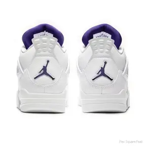 Retro Mid-Top Sneakers in White Leather with Mesh Panels, Metallic Purple Plastic Wing and Lace Locks, Featuring Visible Air Cushioning