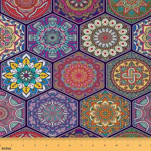 Boho Mandala Fabric by The Yard,1 Yard,Vintage Indian Theme Upholstery Fabric,Exotic Style Floral Hexagon Fabric,Geometric Reupholstery Fabric