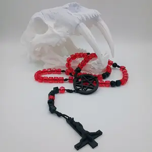 Blood Red and Black Ruined Halo Rosary (Inverted Pentagram/Cross)