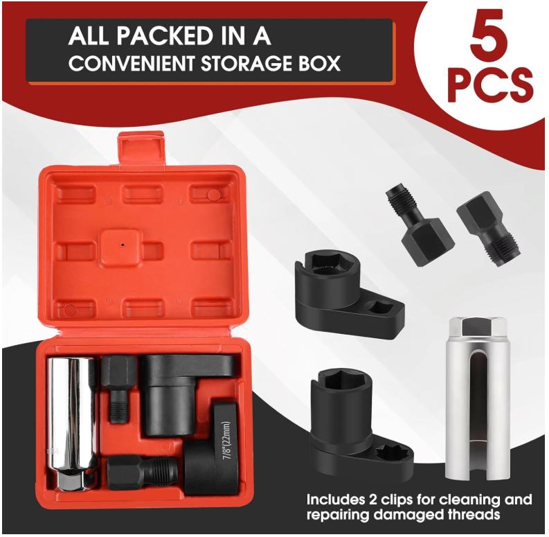 7/8 in (22mm), Premium O2 Sensor Removal Tool with Thread Chasers & Offset Wrenches, Heavy-Duty Automotive Kit for Easy Installation & Repair, 5PCS Socket Set, 3/8 in Drive torque wrench wrench Ratcheting and Metric