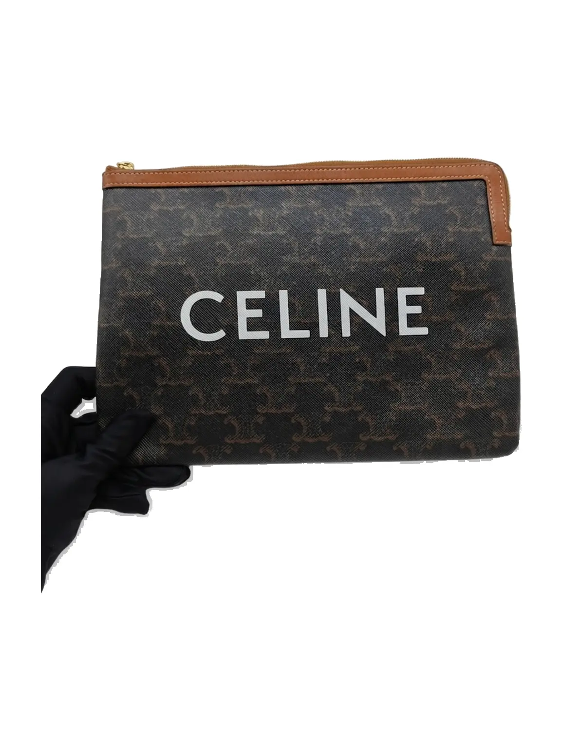 Pre-owned Celine Triomphe coated canvas with calfskin trim Clutches & Wristlets Triomphe Large Coated Canvas Pouch with Calfskin Trim, Wristlet, Brown Canvas, Tan Leather Trim, White Logo, Very Good Condition, S010260512058