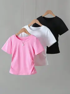 3-piece set of solid color knitted T-shirt for young girls, suitable for casual and versatile sports travel, machine washable and dry cleanable