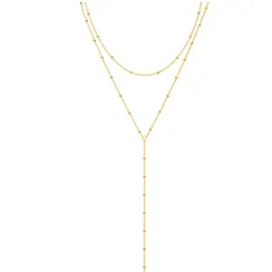 TEWIKY 14K Gold Plated Double-Layer Y Necklace with Small Beads for Elegant Styling - Luxurious Look Design For Valentine's Day gifts