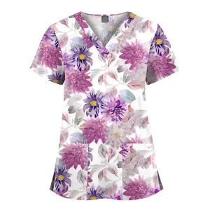 Scrubs Tops for Women Animal Print Soft Stretchy Shirts V Neck Cartoon Pattern Short Sleeve Daily Medical Work Uniform