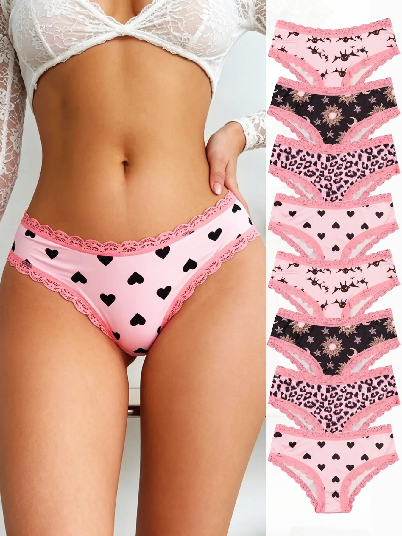 8-Pack Women's Lace Trim Underwear Set, Elastic Waistband, Comfortable Non-Pressing Contrast Lace Panties, Cute Cartoon Print, All Seasons Casual Fitted