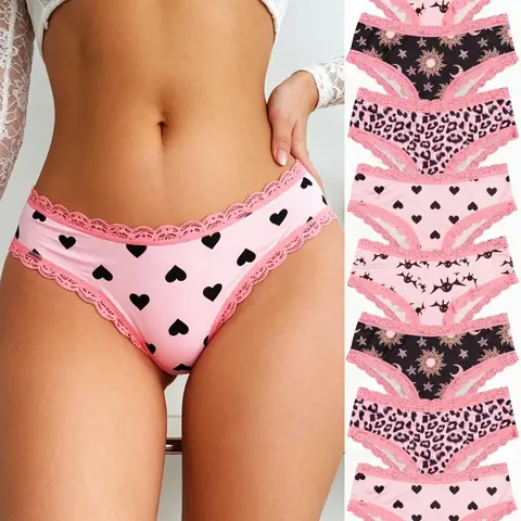 8-Pack Women's Lace Trim Panties Underwear Set, Elastic Waistband, Comfortable Non-Pressing, Cute Cartoon Print, All Seasons Casual Fitted