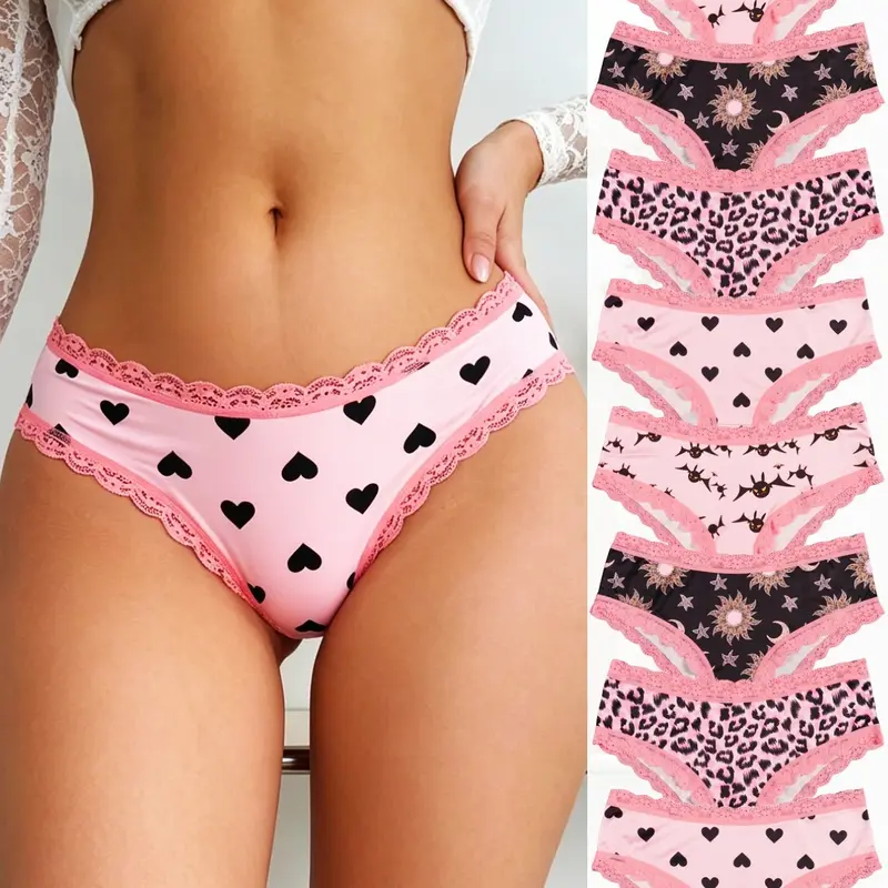 8-Pack Women's Lace Trim Panties Underwear Set, Elastic Waistband, Comfortable Non-Pressing, Cute Cartoon Print, All Seasons Casual Fitted