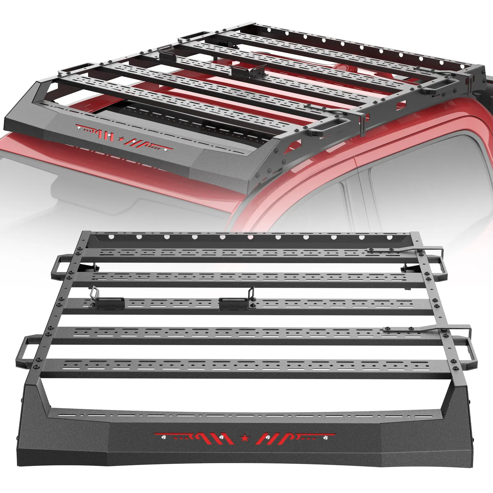Heavy-Duty Carbon Steel Roof Rack Cargo Carrier Bracket for Toyota Tacoma 2nd-3rd Gen Double Cab 4-Door 2005-2023, 4 Sturdy Grab Handles (4x Grab Handles), 2 Pcs Roof Awning Bracket, Box Holder, 400 lbs Dynamic Capacity