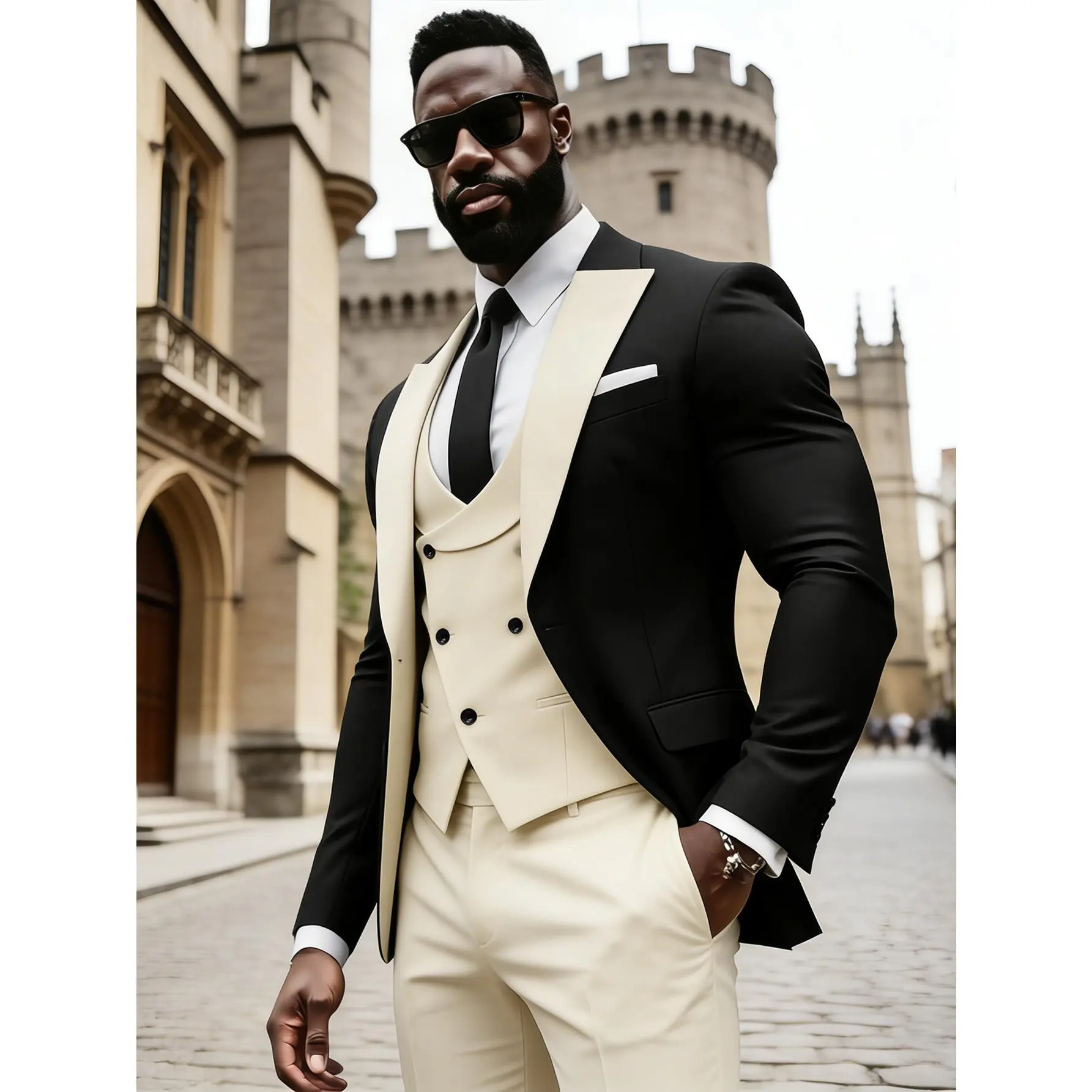 Men's 3 Piece Suit Set, Contrast Color Peak Lapel Blazer Jacket, Vest & Pants for Wedding, Prom, Business & Formal Events