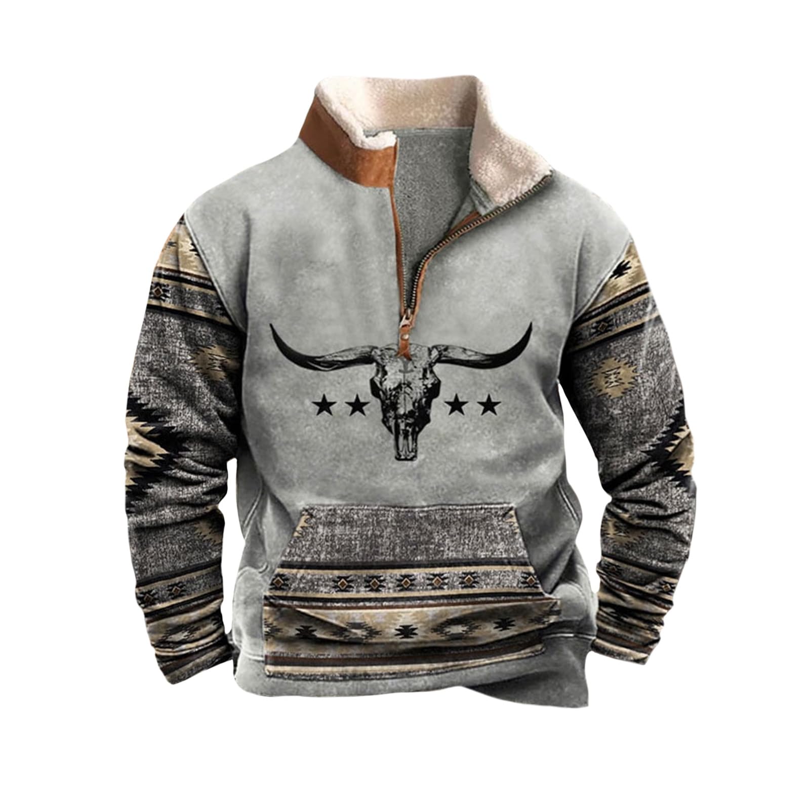 Men ' s Aztec Graphic Pullover Half - Zip   Sweatshirt with Front Pocket - Sweaters ,  Menswear Casual Long Sleeve Cotton Athletic   Collared Hoodie