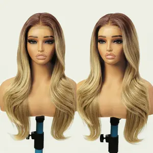 Ombre Blonde Wig Glueless Lace Front Wigs Pre Plucked Synthetic Layered Wave Black and Blond wig 13×4 Wear and Go Wig for Black Women Beginner Friendly