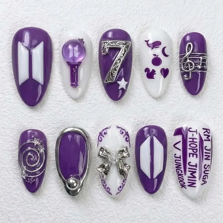 Purple Concert Press On Nails, Kpop Army Concert Nails, 3D Lightstick Music Note Bow Charms, Handmade Glitter Nails