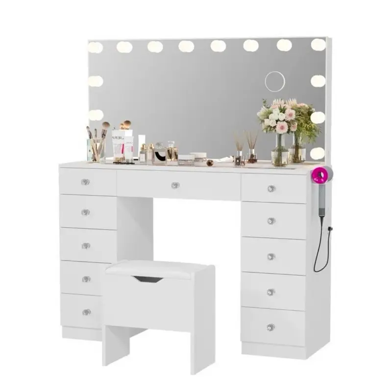 Vanity Set Led Lighted with Sliding Mirror Makeup Dressing Table 11 Drawer