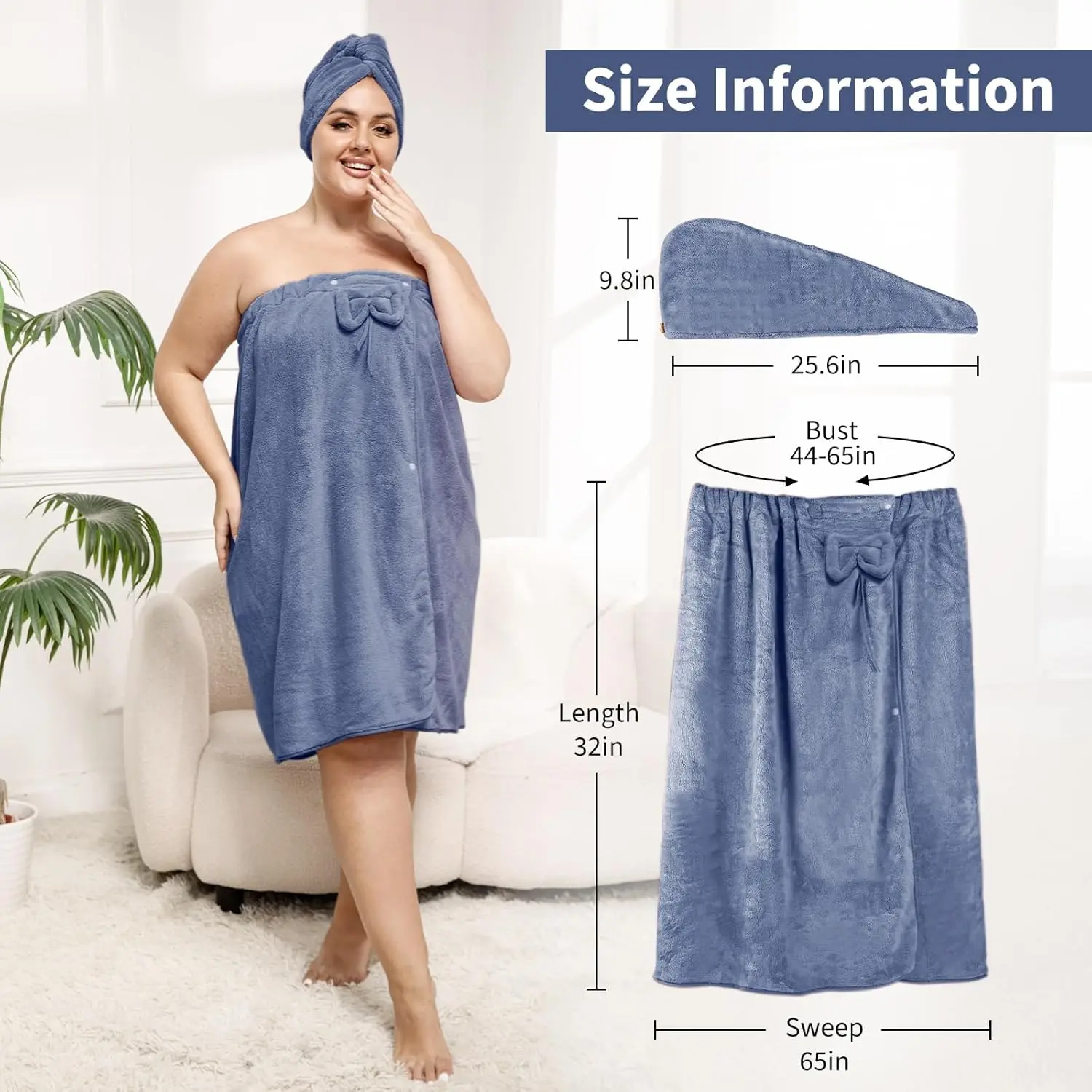 Plus Size Towel Wrap with Hair Towel for Women,Women Shower Wrap Spa Bathrobe Comfortable Bath Towels Body Wrap Adjustable + Hair Drying Towel,Dark Blue XL-XXL