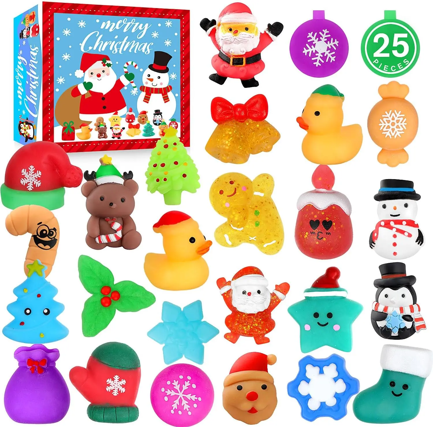 Christmas Squishy Toys, 25 PCS Mochi Squishies Bulk Toy for Girls Boys Kids, Christmas Party Favors, Christmas Fidget Sensory Goodie Bags Filler Gifts Decorations