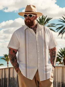 Large Size Men's Polka Dot Vertical Stripe Shirt, Summer Loose Fit Breathable Short Sleeve Shirt, Simple Casual Commute Top