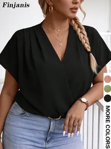 Plus Size V Neck Short Sleeve Top, Cross Ruched Batwing Sleeves Design, Draped Breathable Commute Date Wear, Slimming Elegant Style