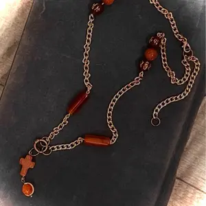 Golden sand stone Cross with coffee mantra beads, chain necklace.