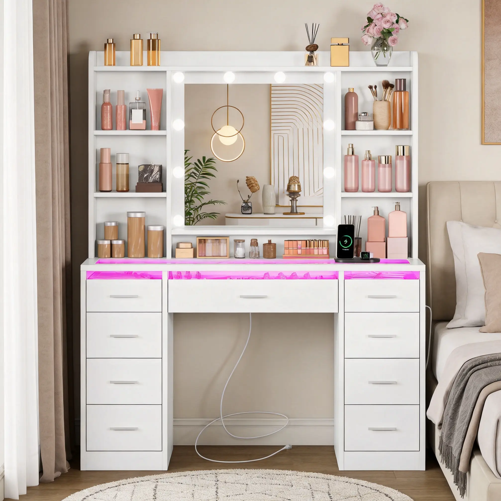 Modern White Makeup Vanity Desk with RGB Lights, Glass Panel, Power Outlet, 9 Drawers, 6 Shelves, Stable Base - Large Light Up Makeup Vanities for Bedroom Indoor Furniture