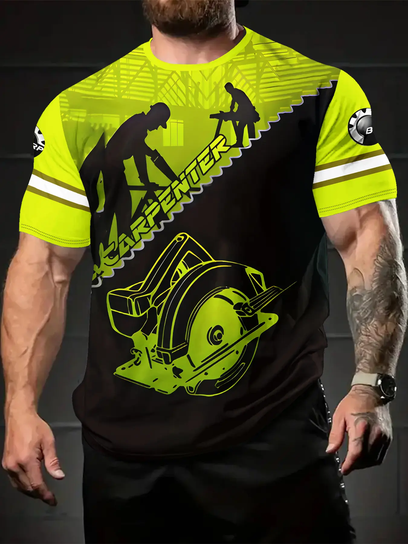 Men's Summer 3D Printed Woodworking Style T-Shirt - Brightly serrated design, loose round neckline, short sleeves, suitable for daily wear and exercise. It's a gift for men. Casual wear, Bright pattern T-shirt, Knitted fabric, Streetwear, Menswear