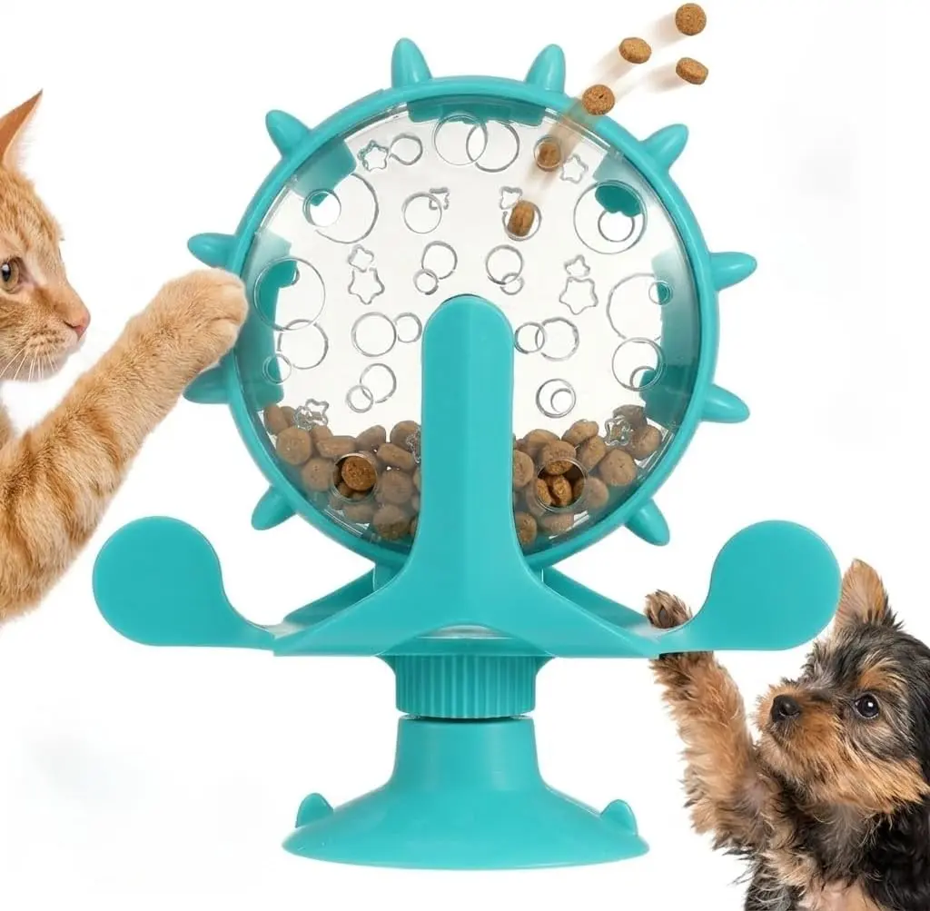 Rotating Windmill Cat Feeding Toy Pet Slow Food Dispenser with Treat Leakage Hole Interactive Puzzle Toy for Cats and Puppies Vertical Spinning Food Wheel 5.11X1.57X6.69In