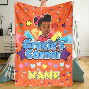 Personalized Custom Name Blanket - Gracie's Corner Theme with Cartoon Characters, Hearts & Stars | Soft Flannel All-Season Throw | Custom Text & Name | Contemporary Style for Bedroom, Camping, Travel | Gift & Adults | Durable Cozy Fabric