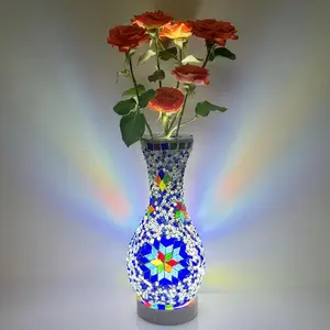 New Turkish Moroccan Mosaic Vase Lamp Colorful Handmade Glass Art Decoration with Wood Base USB Charge Night Light