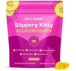 Kitty Queen Slippery Kitty Feminine Probiotic Gummies with Slippery Elm, Pineapple Flavor, pH Balance, Odor Control, Flora & Immune Support, Boost Moisture, 30 Gummies 60 Servings