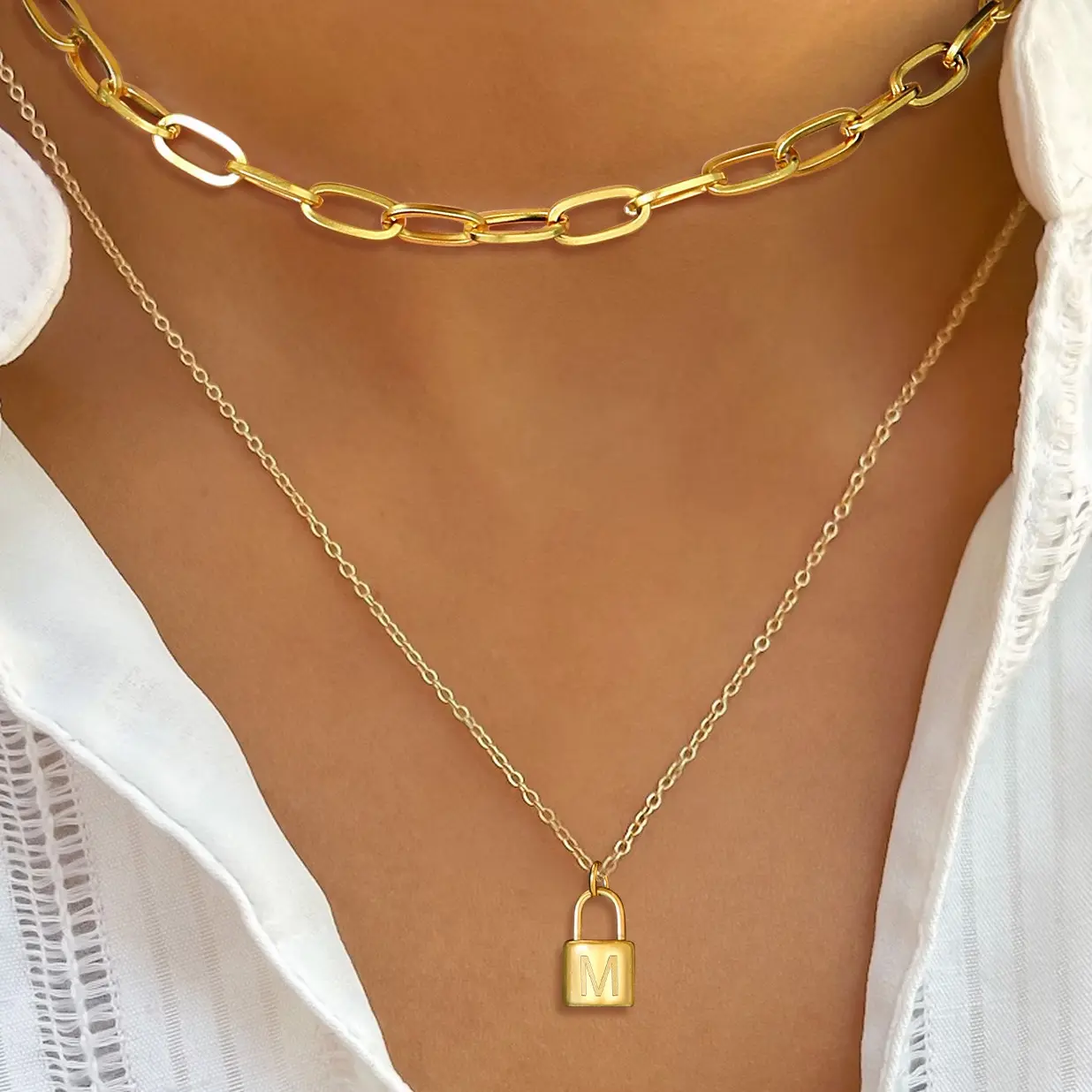 U7 Initial Padlock Pendant Paperclip Choker Two Layer Necklace Stack Paperclip Chain Letter Pendant Two Chain Necklace Set for Women Girl Black Friday Christmas Birthday Gift For Her