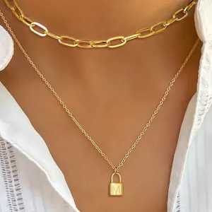 U7 Initial Padlock Pendant Paperclip Choker Two Layer Necklace Stack Paperclip Chain Letter Pendant Two Chain Necklace Set for Women Girl Black Friday Christmas Birthday Gift For Her