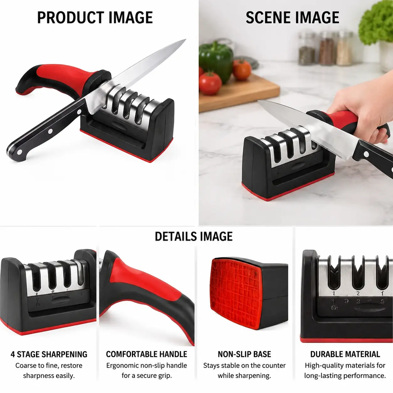 4-Stage Professional Ergonomic Manual Kitchen Knife Sharpener with Non-Slip Rubber Grip - Durable, No Battery Tool for Sharpening Stainless Steel, Plastic, Ceramic Knives; Repairs, Restores, Polishes via 4 Slots for Home Use Precision