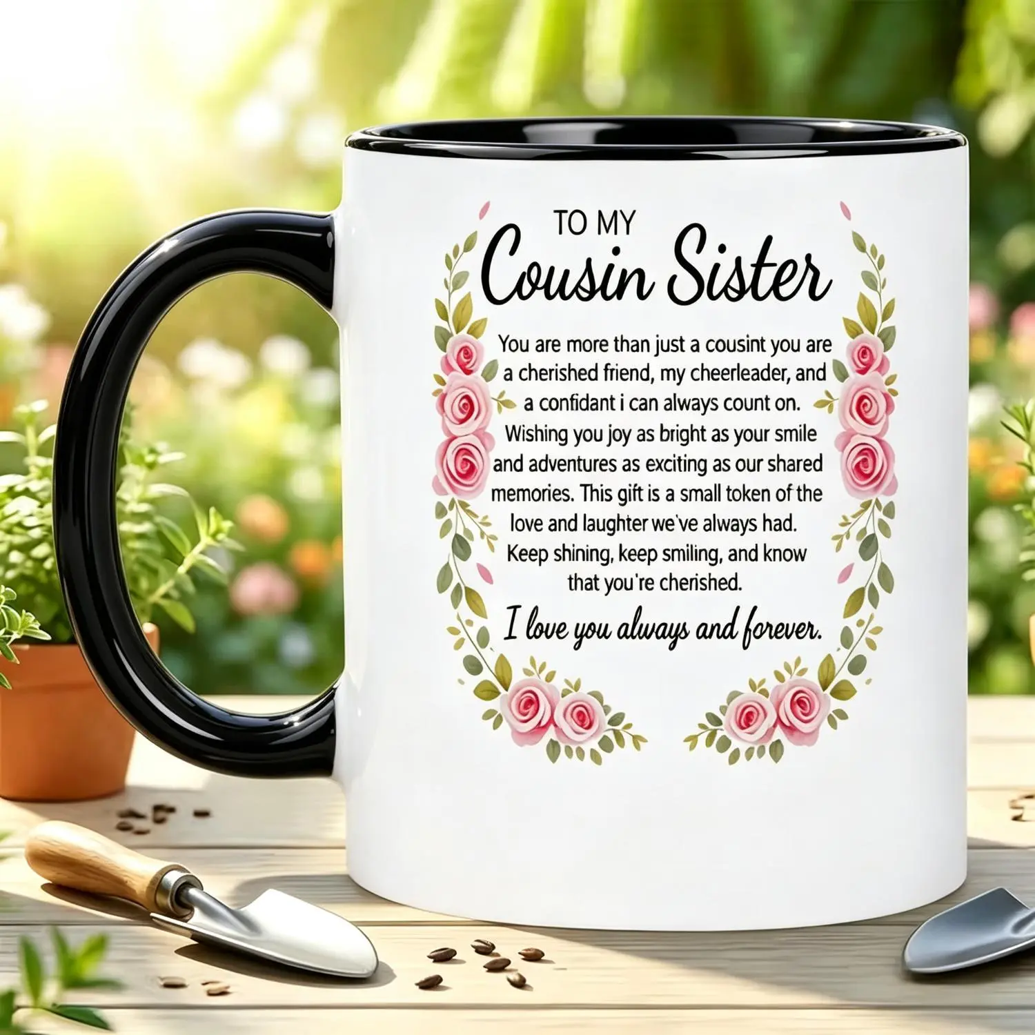 Pink Rose Wreath Ceramic Mug with Lettering Suitable for Hot/Cold Drinks Reusable Coffee Cup Gift for Cousins Sisters Birthdays Family Gatherings