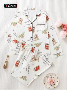 Women's Cartoon Sloth Print Sleepwear Set, Pajama Set, Soft Smooth Fabric, Comfortable Loose Fit, Casual Long Sleeve Top and Pants, All Seasons