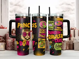 Dungeon Crawler Carl & Princess Donut Neon Pop Art 40oz Insulated Stainless Steel Travel Tumbler Mug - Water Bottle with Lid, Single Handle, Straw, 'Goddammit Donut','New Achievement' Quotes for LitRPG Fans, Water Bottles, Insulation