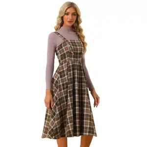 INSPIRE CHIC Women's Plaid Vintage Sleeveless A-Line Overall Pinafore Dress Brown Small