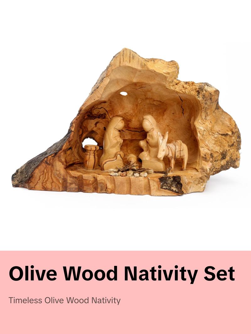 Olive Wood Nativity Scene_ Carved Cave with Fixed Figurines Decor Religious