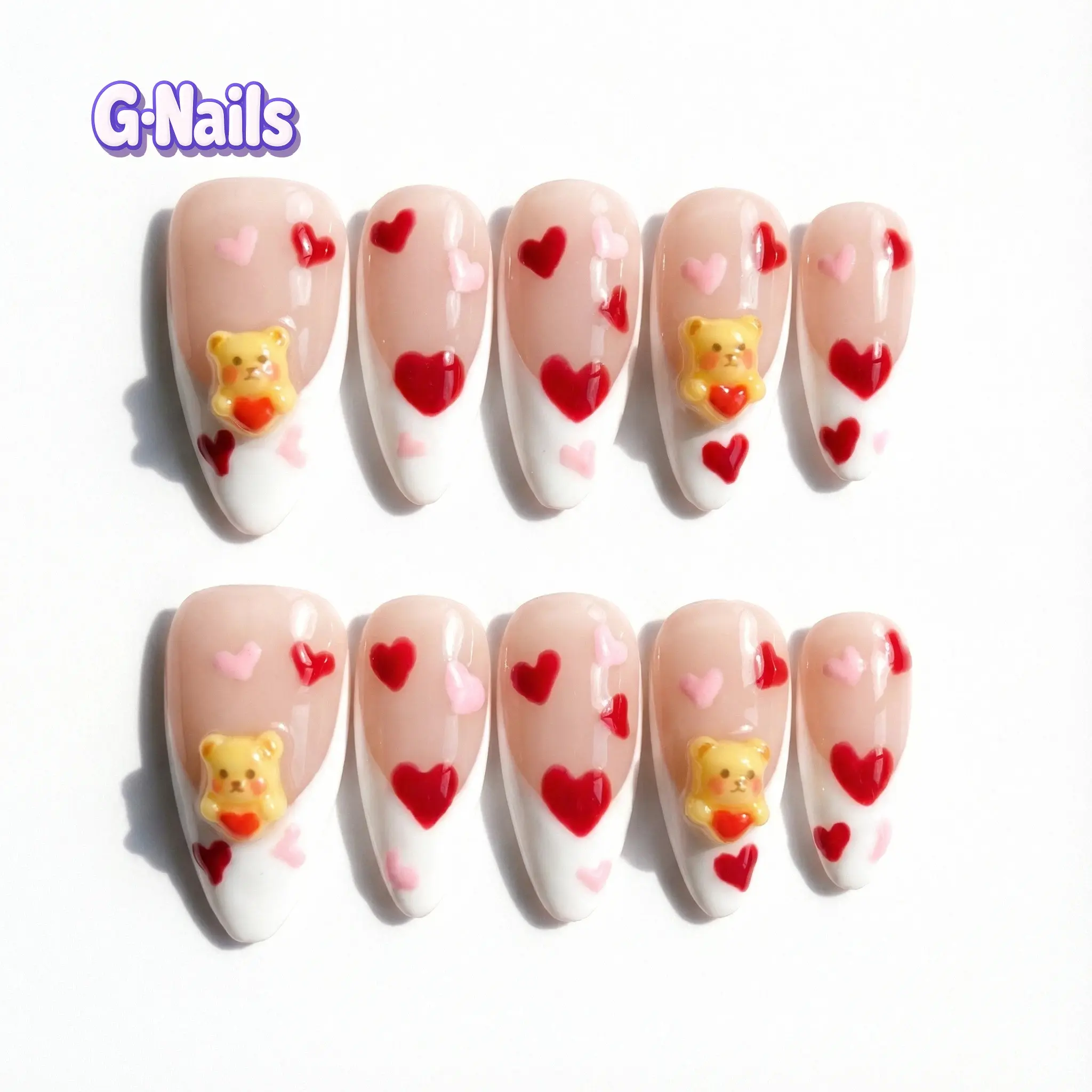 G-Nails A90 10pcs Handmade Press On Nails Reusable Medium Almond Nails with RED heartl Design Premium Craftsmanship valentinesday nails Nails 3dnailart handmadenails cuteanimalnails redheartnails whitetipnails cutepressonnails, Glossy Acrylic Nails