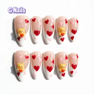 G-Nails A90 10pcs Handmade Press On Nails Reusable Medium Almond Nails with RED heartl Design Premium Craftsmanship valentinesday nails Nails