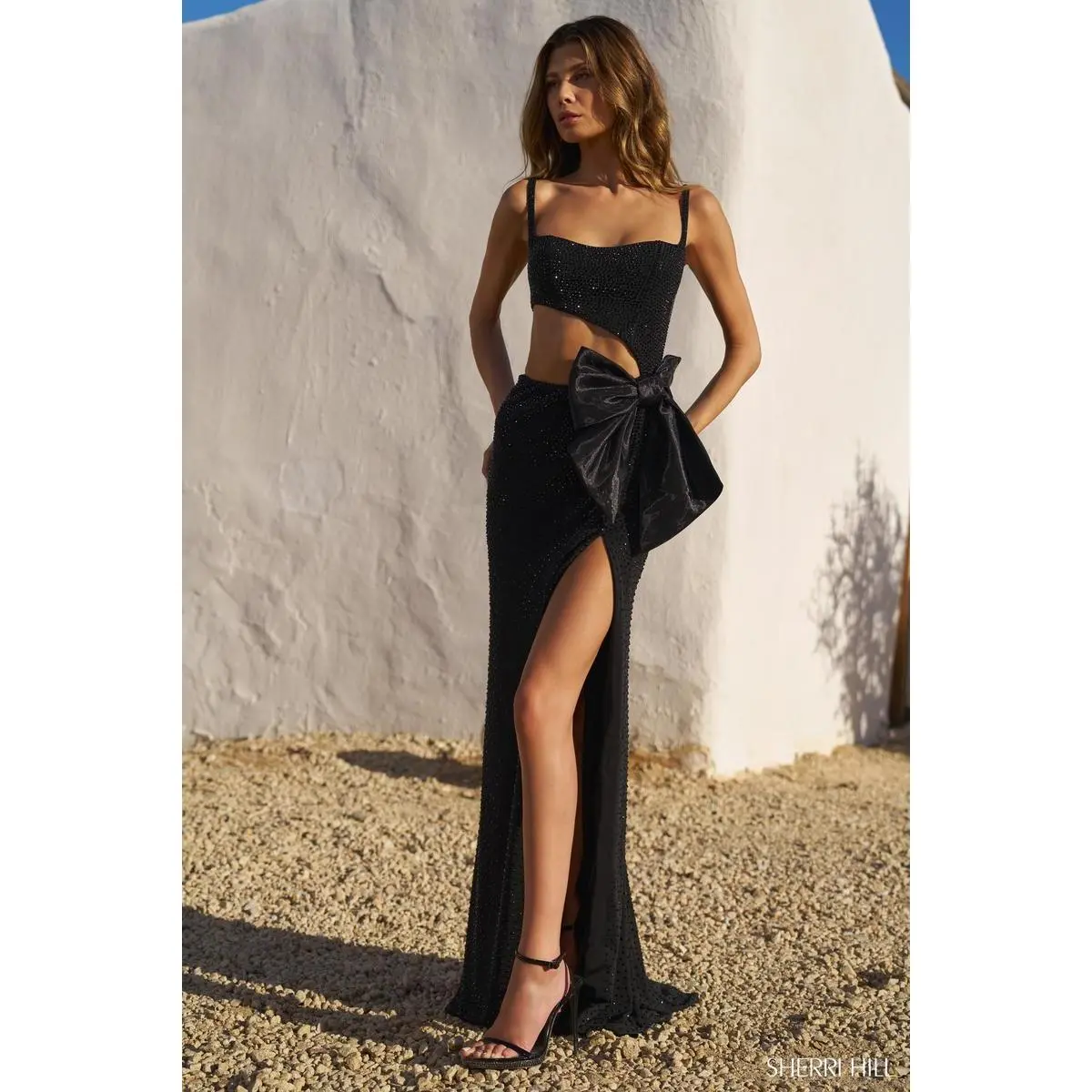 Sherri Hill Beaded Cut Out Gown with Bow 56762