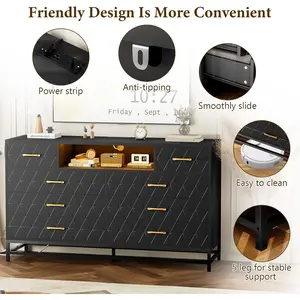 55 Inch Black 8 Drawer Dresser With Rgb Led Lights Built In Power Outlets Minimalist Bedroom Chest With Gold Knobs Anti Tilt Safety Deep Drawers And Tv Stand Functionality Black