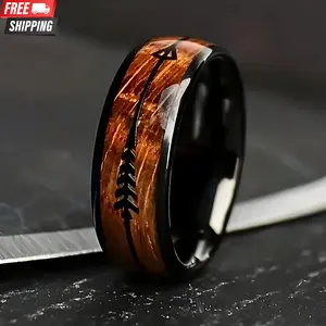 Fashionable and luxury 8mm stainless steel wedding engagement ring for men, faux wood grain and herringbone arrow ring,