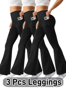 3PCS Women's Bootcut Yoga Leggings with Deep Pockets - High-Waist Tummy Control, Four-Way Stretch - Perfect for Gym Workouts, Dance Practices & Outdoor Hikes