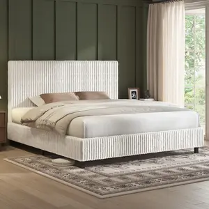 AMERLIFE Upholstered Bed Frame, Corduroy Platform Bed with 3.5" Thick Gap-Free Headboard, Fully Padded, Metal Frame with Strong Slats, No Box Spring Needed
